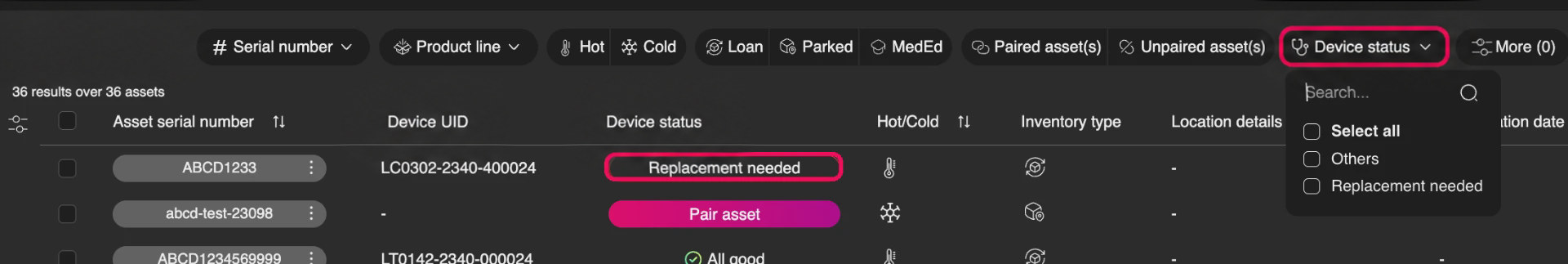 S-HUB Set up screen with the Device status filter set to Replacement needed
