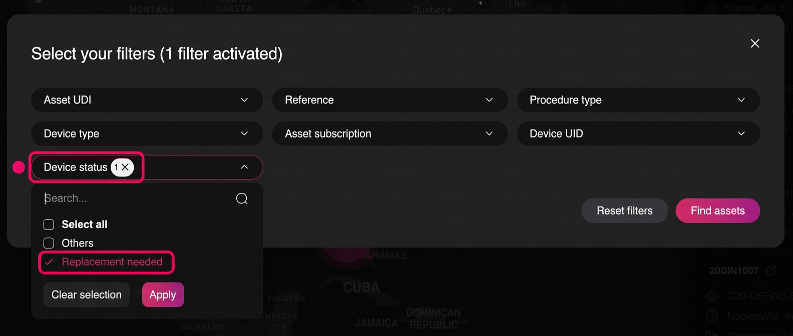 The Locate filter panel in S-HUB with Device status set to Replacement needed