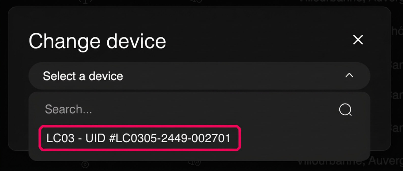 The Change device modal in S-HUB with the device UID search open
