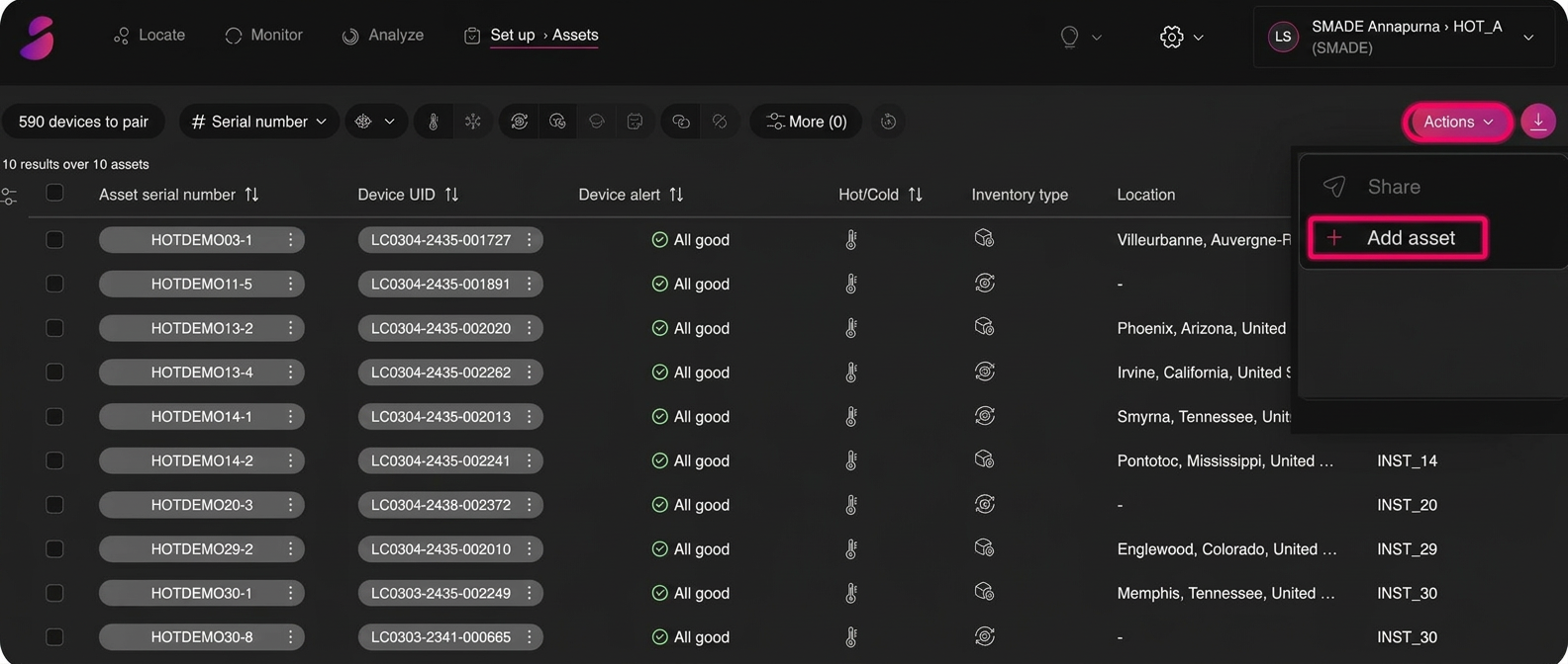 Create your asset — Open “Actions” and click “Add asset”