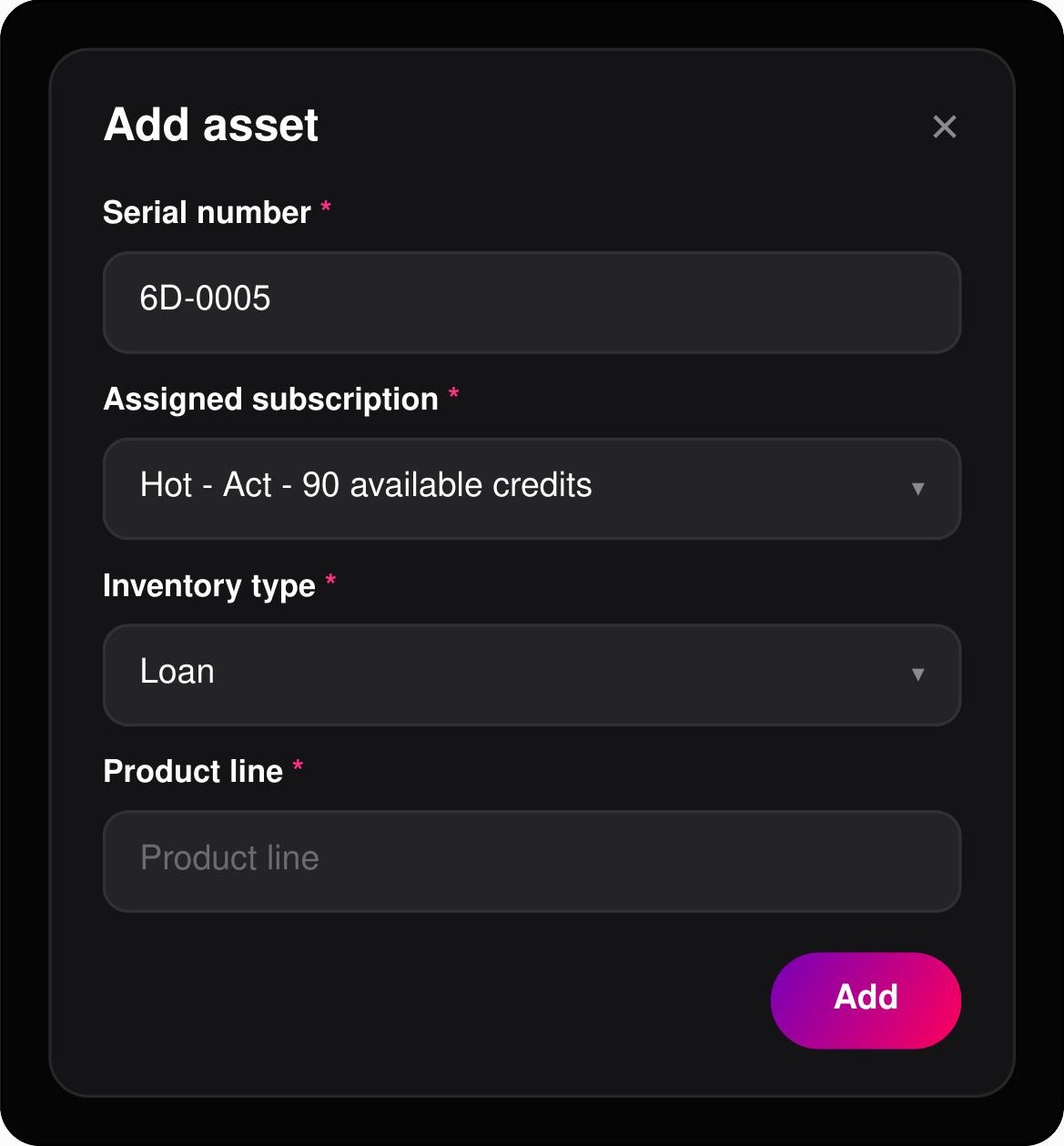 Create your asset — Enter the required information, then click “Add”
