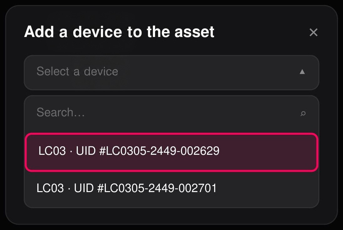 Create your asset — Select a device for the asset